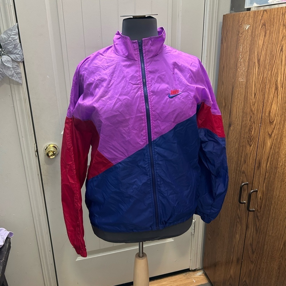 Vintage Nike Women's Tri-Color Bomber Jacket - Purple, Red, and Blue